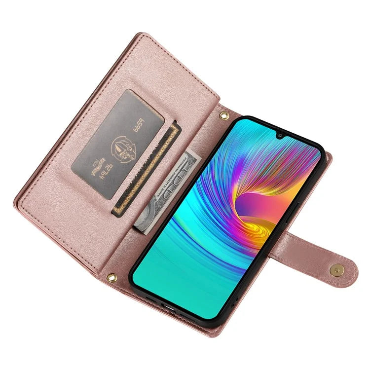 DF-011 For Samsung Galaxy A16 5G Case Zipper Pocket Wallet Leather Phone Cover with Straps