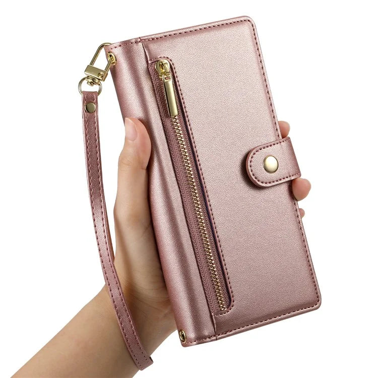 DF-011 For Samsung Galaxy A16 5G Case Zipper Pocket Wallet Leather Phone Cover with Straps