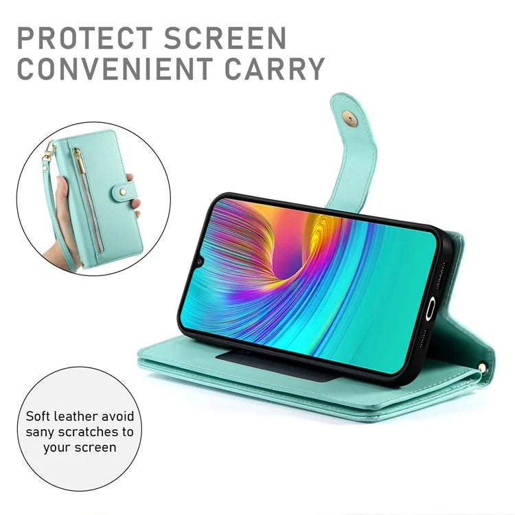 DF-011 For Samsung Galaxy A16 5G Case Zipper Pocket Wallet Leather Phone Cover with Straps