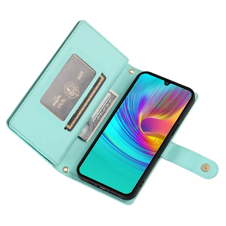 DF-011 For Samsung Galaxy A16 5G Case Zipper Pocket Wallet Leather Phone Cover with Straps