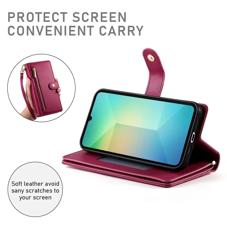 DF-011 For Samsung Galaxy A06 Case Zipper Pocket Wallet Leather Phone Cover with Straps