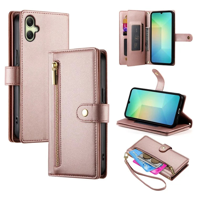 DF-011 For Samsung Galaxy A06 Case Zipper Pocket Wallet Leather Phone Cover with Straps