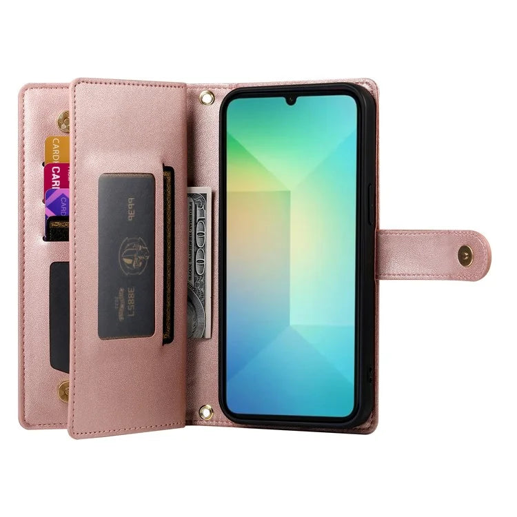 DF-011 For Samsung Galaxy A06 Case Zipper Pocket Wallet Leather Phone Cover with Straps