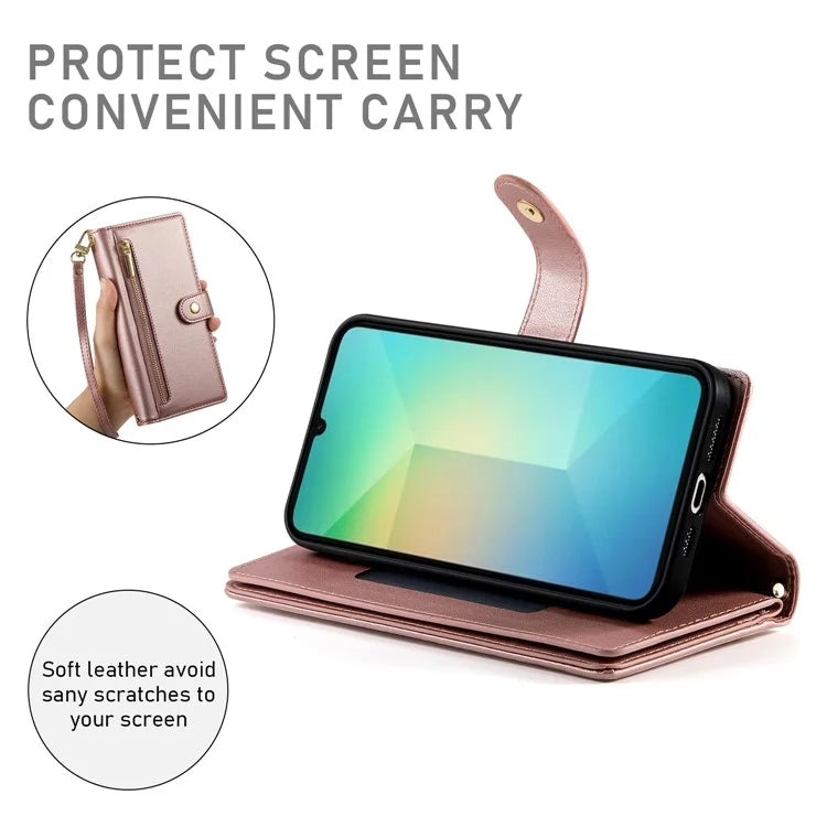 DF-011 For Samsung Galaxy A06 Case Zipper Pocket Wallet Leather Phone Cover with Straps