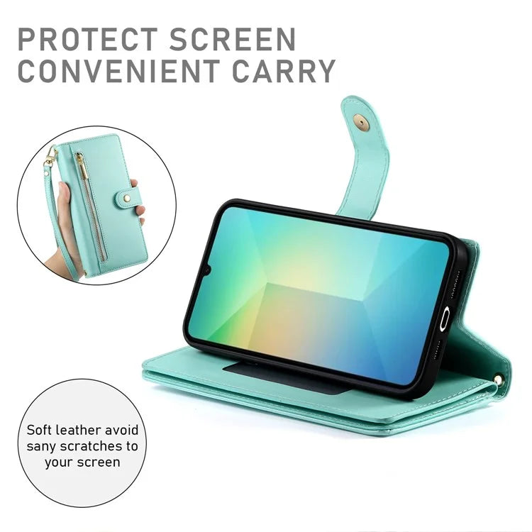 DF-011 For Samsung Galaxy A06 Case Zipper Pocket Wallet Leather Phone Cover with Straps