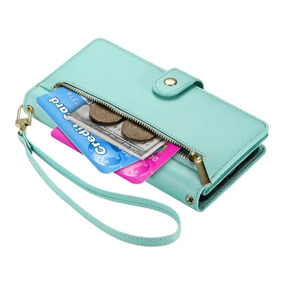 DF-011 For Samsung Galaxy A06 Case Zipper Pocket Wallet Leather Phone Cover with Straps