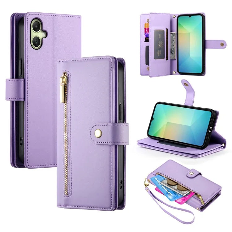DF-011 For Samsung Galaxy A06 Case Zipper Pocket Wallet Leather Phone Cover with Straps