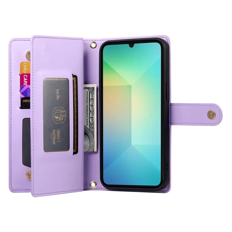 DF-011 For Samsung Galaxy A06 Case Zipper Pocket Wallet Leather Phone Cover with Straps