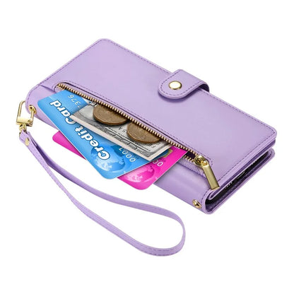 DF-011 For Samsung Galaxy A06 Case Zipper Pocket Wallet Leather Phone Cover with Straps