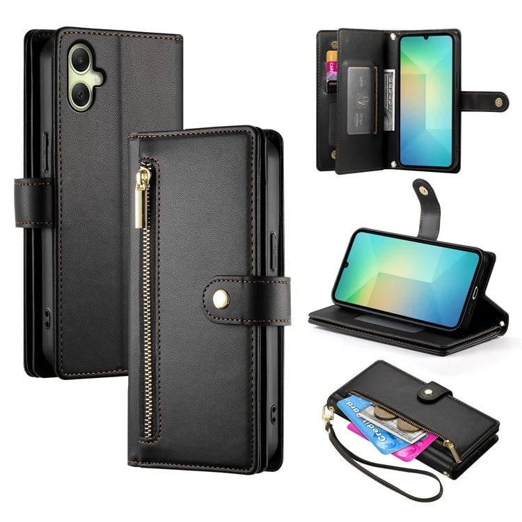 DF-011 For Samsung Galaxy A06 Case Zipper Pocket Wallet Leather Phone Cover with Straps