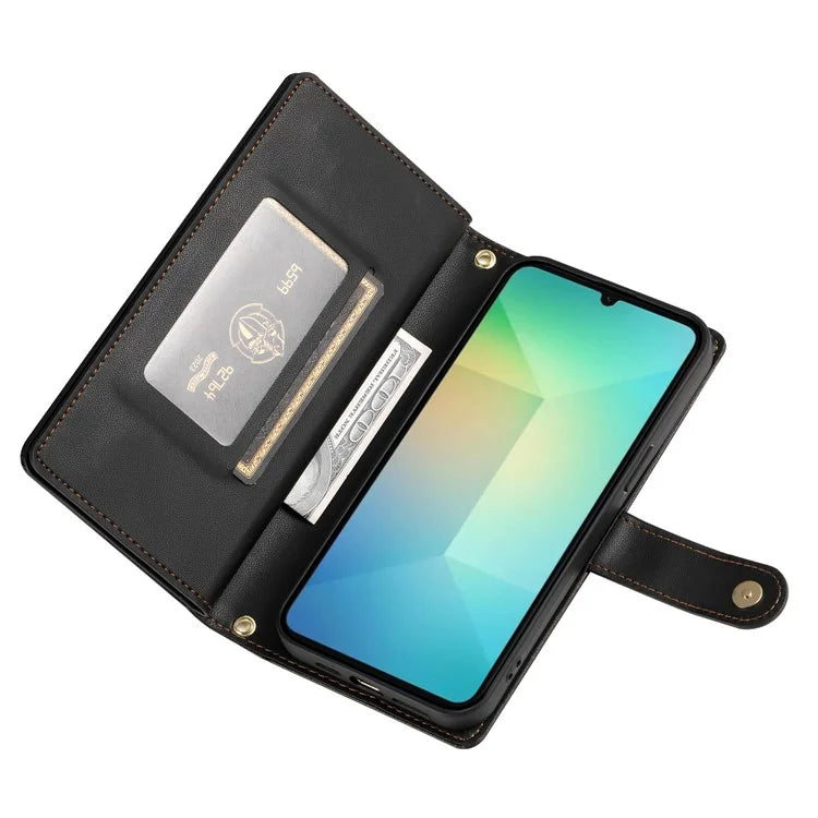 DF-011 For Samsung Galaxy A06 Case Zipper Pocket Wallet Leather Phone Cover with Straps
