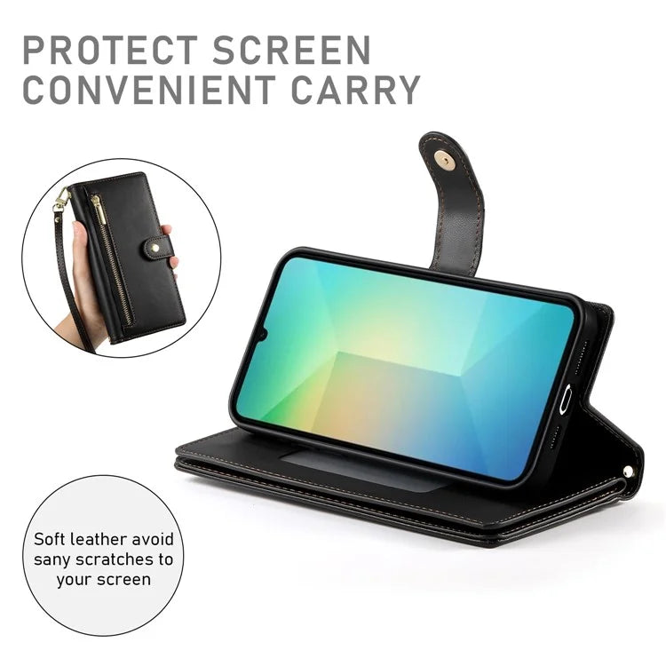 DF-011 For Samsung Galaxy A06 Case Zipper Pocket Wallet Leather Phone Cover with Straps