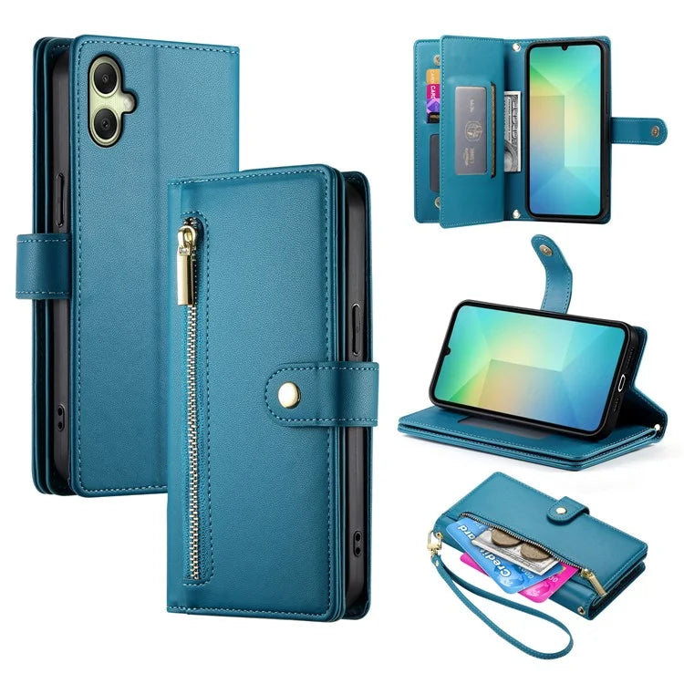 DF-011 For Samsung Galaxy A06 Case Zipper Pocket Wallet Leather Phone Cover with Straps