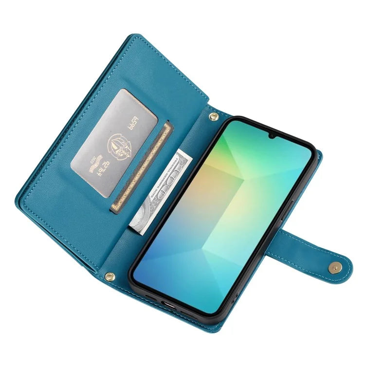 DF-011 For Samsung Galaxy A06 Case Zipper Pocket Wallet Leather Phone Cover with Straps