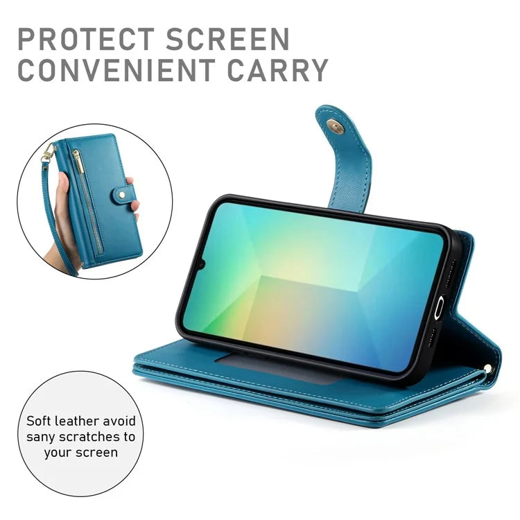 DF-011 For Samsung Galaxy A06 Case Zipper Pocket Wallet Leather Phone Cover with Straps