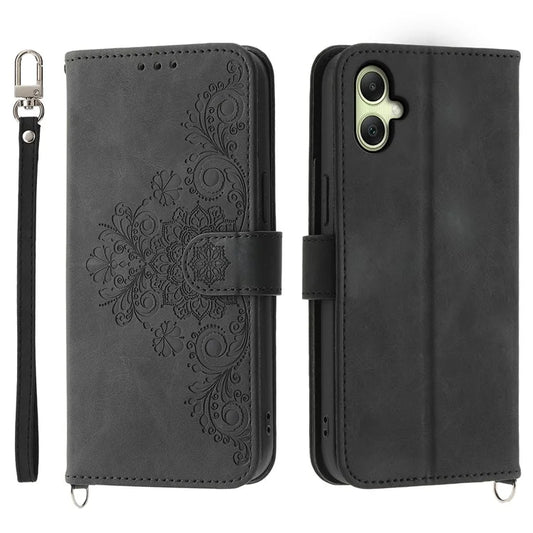 For Samsung Galaxy A06 Case Flower Pattern PU Leather Wallet Phone Cover with Strap