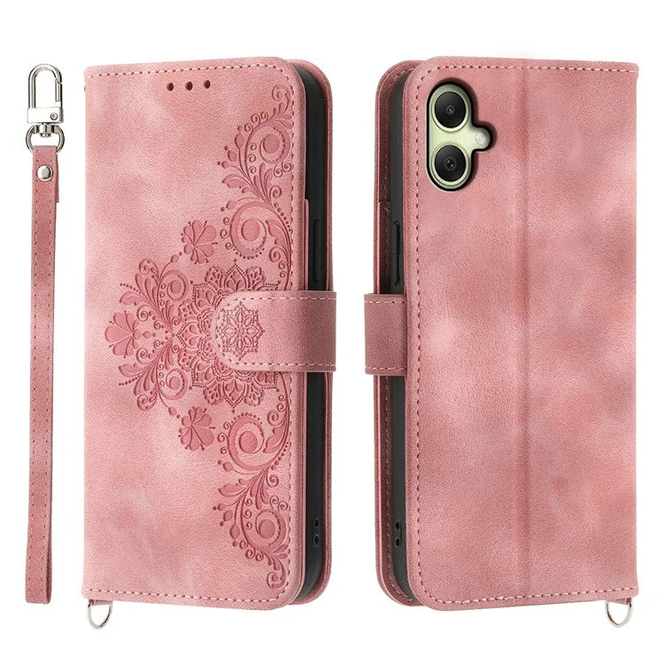 For Samsung Galaxy A06 Case Flower Pattern PU Leather Wallet Phone Cover with Strap
