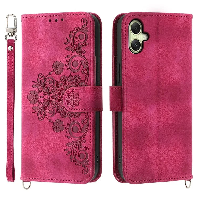 For Samsung Galaxy A06 Case Flower Pattern PU Leather Wallet Phone Cover with Strap