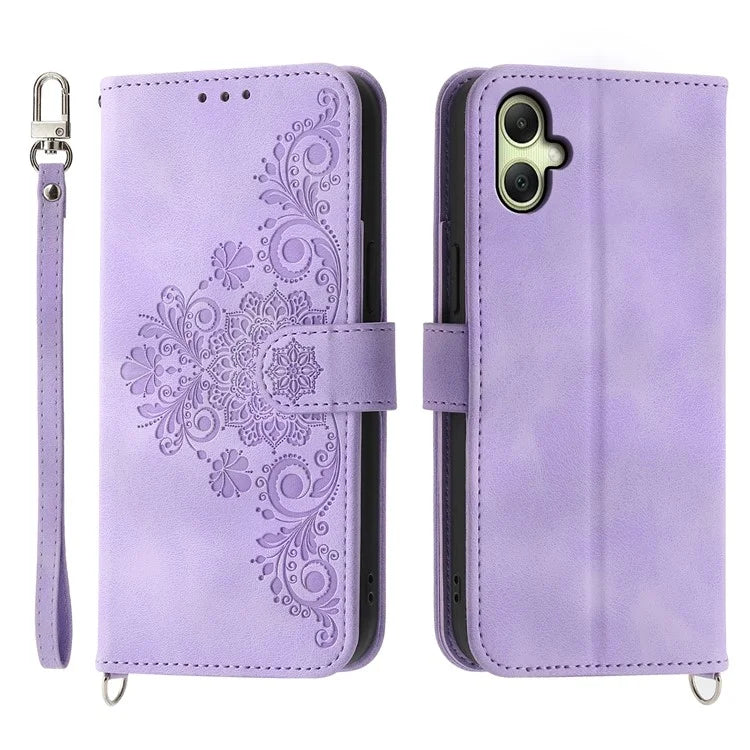 For Samsung Galaxy A06 Case Flower Pattern PU Leather Wallet Phone Cover with Strap