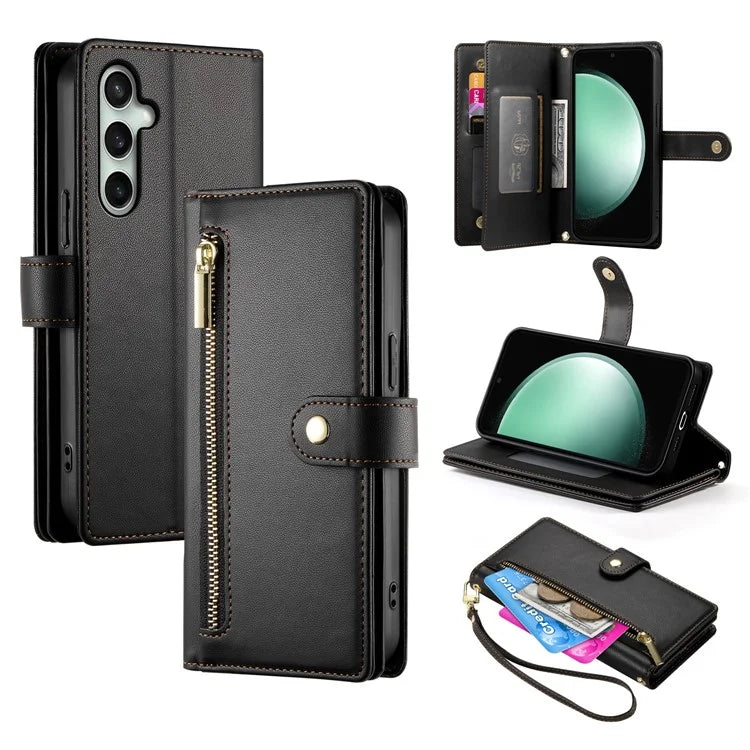 DF-011 For Samsung Galaxy S24 FE Case Zipper Pocket Wallet Leather Phone Cover with Straps