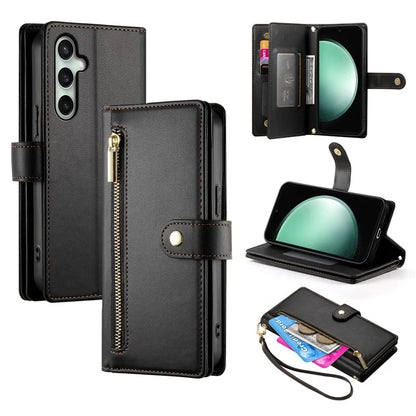 DF-011 For Samsung Galaxy S24 FE Case Zipper Pocket Wallet Leather Phone Cover with Straps