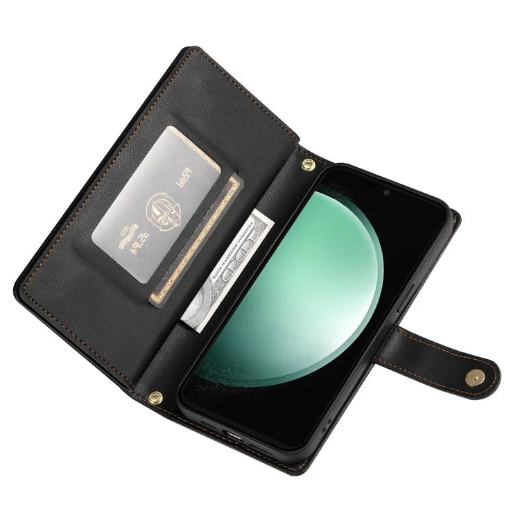 DF-011 For Samsung Galaxy S24 FE Case Zipper Pocket Wallet Leather Phone Cover with Straps