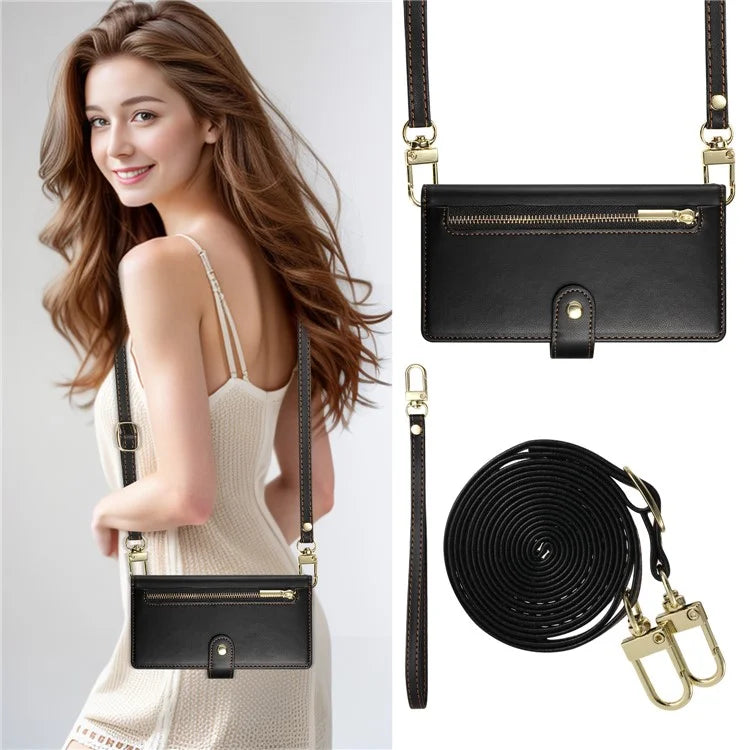 DF-011 For Samsung Galaxy S24 FE Case Zipper Pocket Wallet Leather Phone Cover with Straps