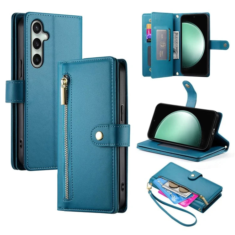 DF-011 For Samsung Galaxy S24 FE Case Zipper Pocket Wallet Leather Phone Cover with Straps