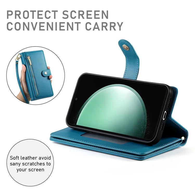 DF-011 For Samsung Galaxy S24 FE Case Zipper Pocket Wallet Leather Phone Cover with Straps