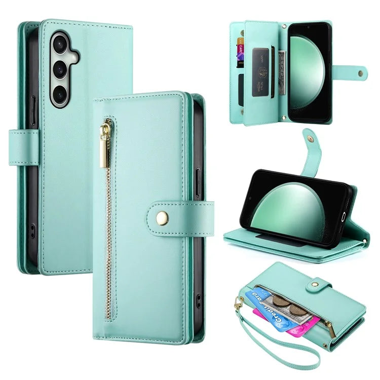 DF-011 For Samsung Galaxy S24 FE Case Zipper Pocket Wallet Leather Phone Cover with Straps