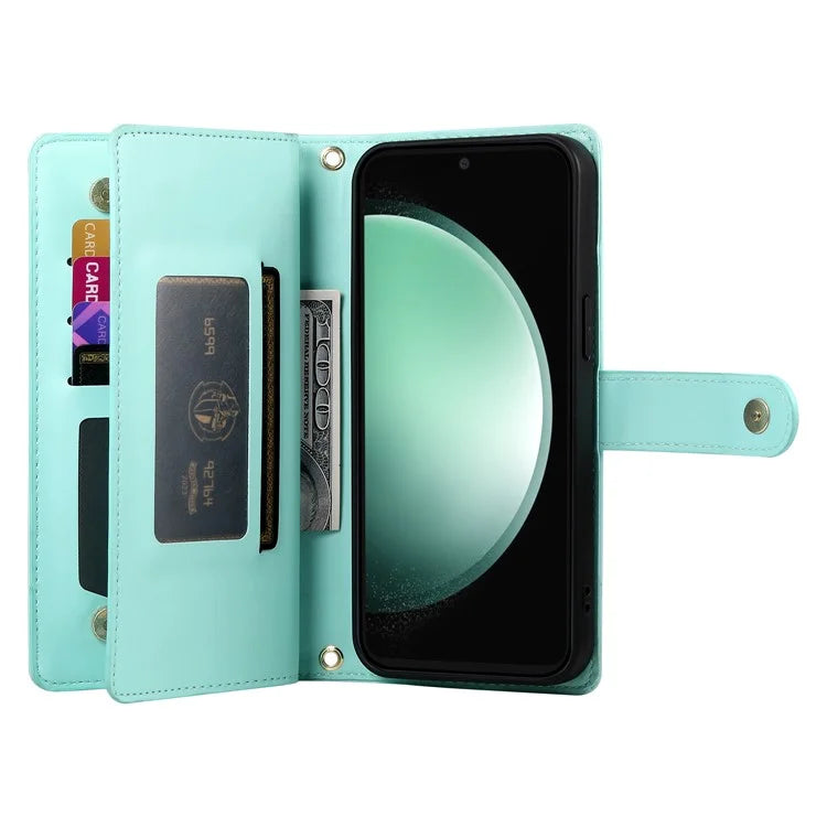 DF-011 For Samsung Galaxy S24 FE Case Zipper Pocket Wallet Leather Phone Cover with Straps