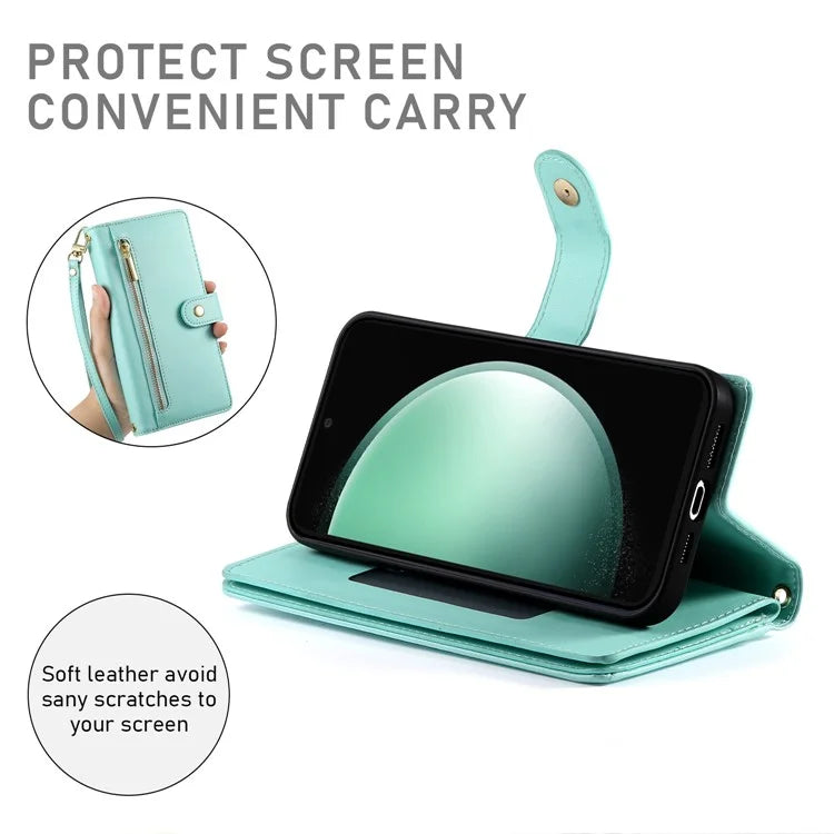 DF-011 For Samsung Galaxy S24 FE Case Zipper Pocket Wallet Leather Phone Cover with Straps