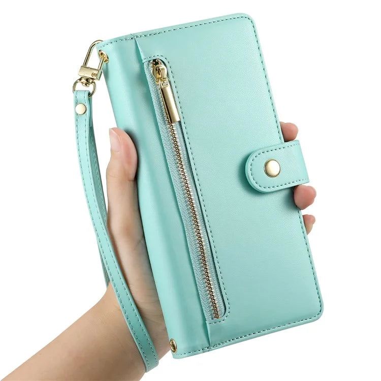 DF-011 For Samsung Galaxy S24 FE Case Zipper Pocket Wallet Leather Phone Cover with Straps