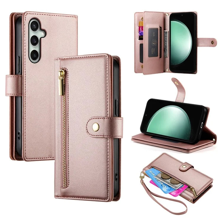 DF-011 For Samsung Galaxy S24 FE Case Zipper Pocket Wallet Leather Phone Cover with Straps