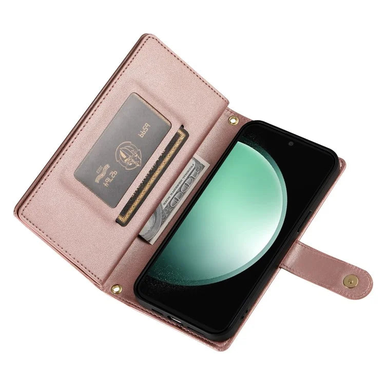 DF-011 For Samsung Galaxy S24 FE Case Zipper Pocket Wallet Leather Phone Cover with Straps