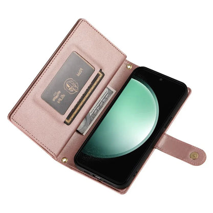 DF-011 For Samsung Galaxy S24 FE Case Zipper Pocket Wallet Leather Phone Cover with Straps