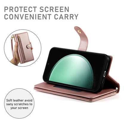DF-011 For Samsung Galaxy S24 FE Case Zipper Pocket Wallet Leather Phone Cover with Straps