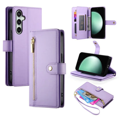 DF-011 For Samsung Galaxy S24 FE Case Zipper Pocket Wallet Leather Phone Cover with Straps