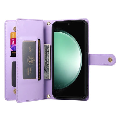 DF-011 For Samsung Galaxy S24 FE Case Zipper Pocket Wallet Leather Phone Cover with Straps