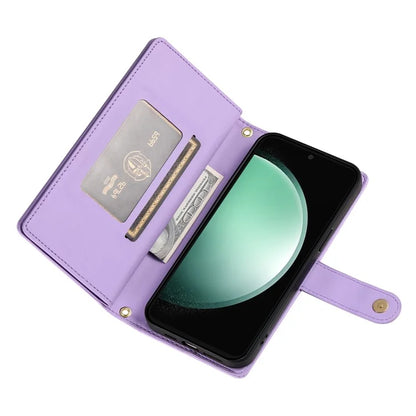 DF-011 For Samsung Galaxy S24 FE Case Zipper Pocket Wallet Leather Phone Cover with Straps