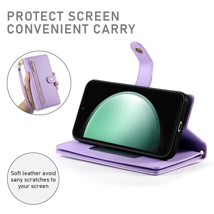 DF-011 For Samsung Galaxy S24 FE Case Zipper Pocket Wallet Leather Phone Cover with Straps