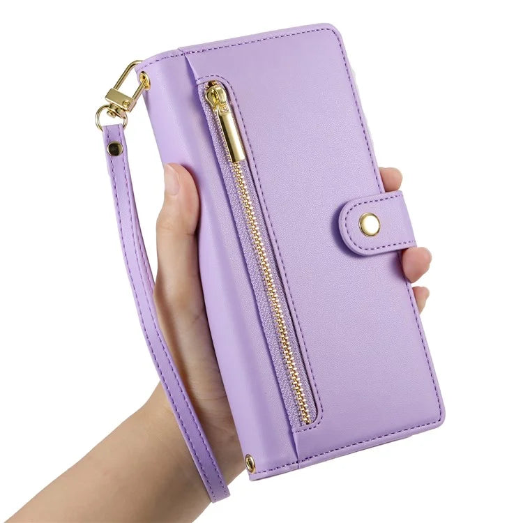 DF-011 For Samsung Galaxy S24 FE Case Zipper Pocket Wallet Leather Phone Cover with Straps