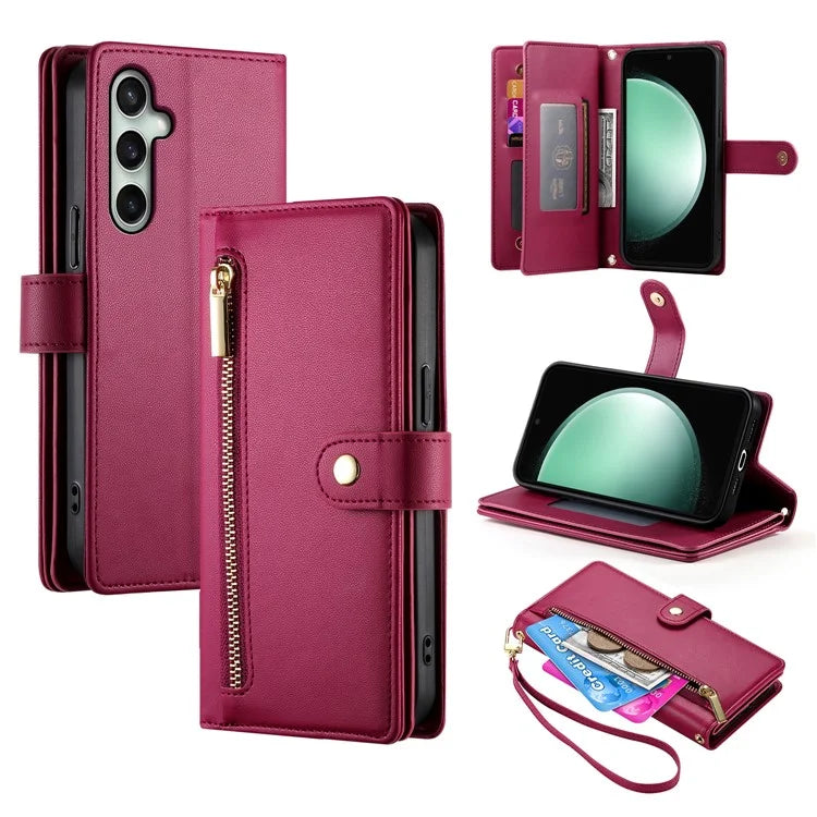DF-011 For Samsung Galaxy S24 FE Case Zipper Pocket Wallet Leather Phone Cover with Straps