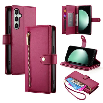 DF-011 For Samsung Galaxy S24 FE Case Zipper Pocket Wallet Leather Phone Cover with Straps