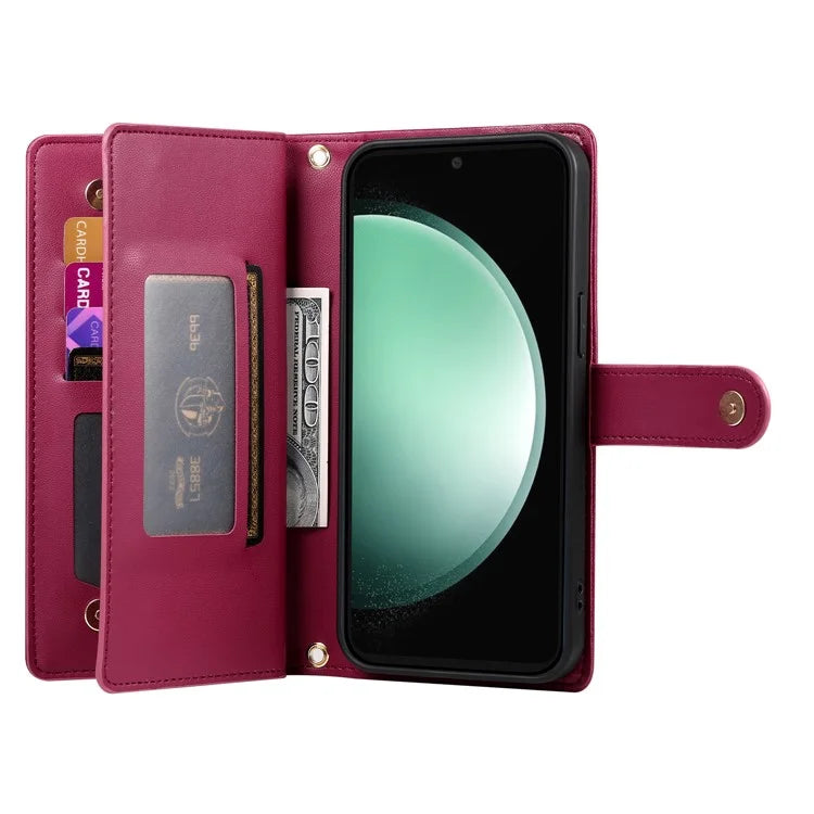 DF-011 For Samsung Galaxy S24 FE Case Zipper Pocket Wallet Leather Phone Cover with Straps