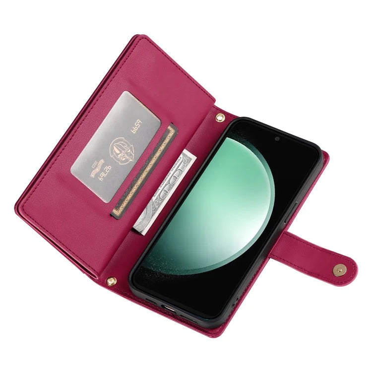 DF-011 For Samsung Galaxy S24 FE Case Zipper Pocket Wallet Leather Phone Cover with Straps