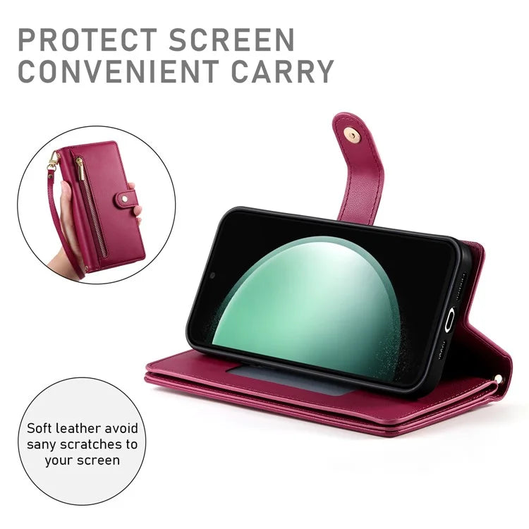 DF-011 For Samsung Galaxy S24 FE Case Zipper Pocket Wallet Leather Phone Cover with Straps