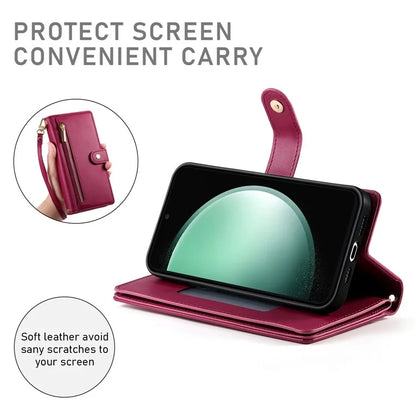 DF-011 For Samsung Galaxy S24 FE Case Zipper Pocket Wallet Leather Phone Cover with Straps