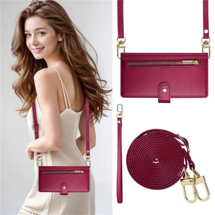 DF-011 For Samsung Galaxy S24 FE Case Zipper Pocket Wallet Leather Phone Cover with Straps
