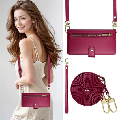 DF-011 For Samsung Galaxy S24 FE Case Zipper Pocket Wallet Leather Phone Cover with Straps